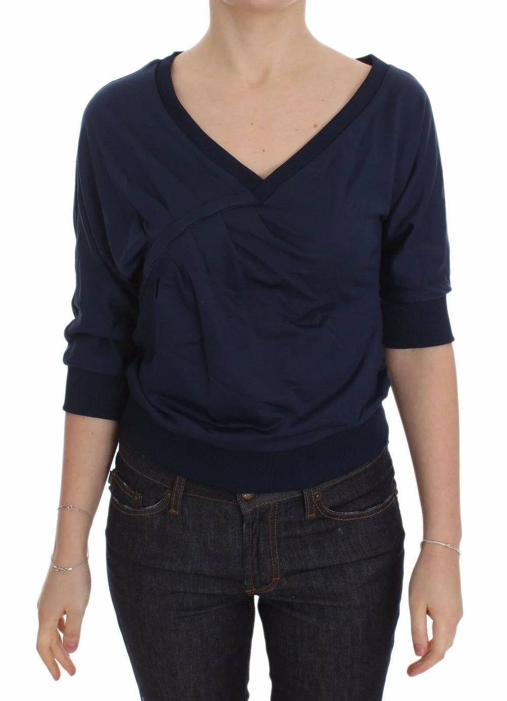 Exte Blue Cotton Top Pullover Deep V-neck Women Sweater - IT40|S