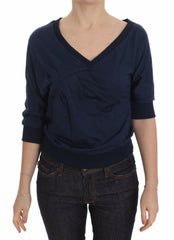 Exte Blue Cotton Top Pullover Deep V-neck Women Sweater - IT40|S