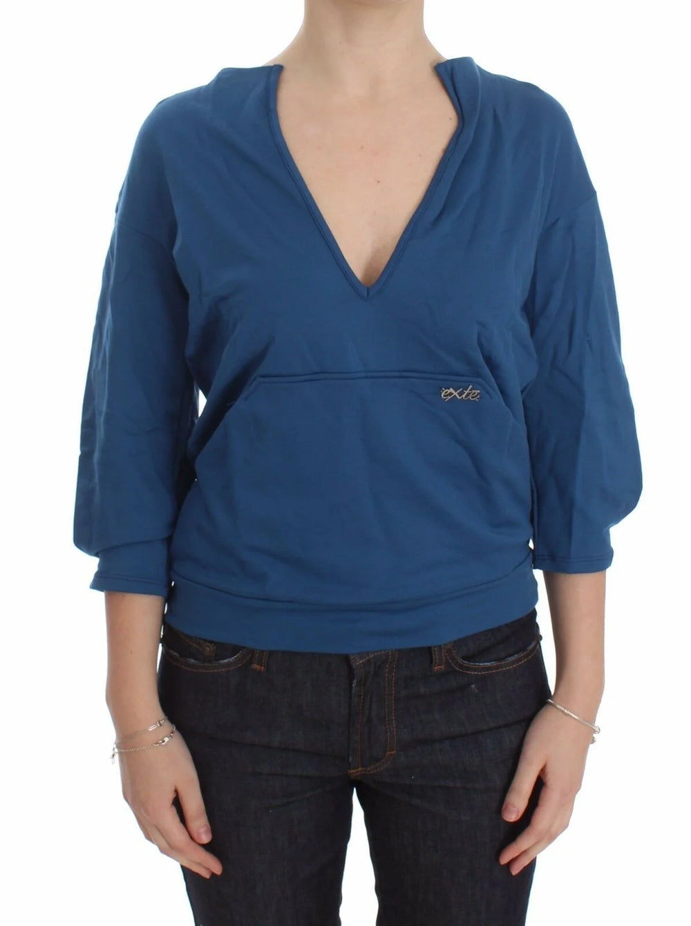 Exte Blue Cotton Top Pullover Deep V-neck Women Sweater - IT40|S - Sweaters