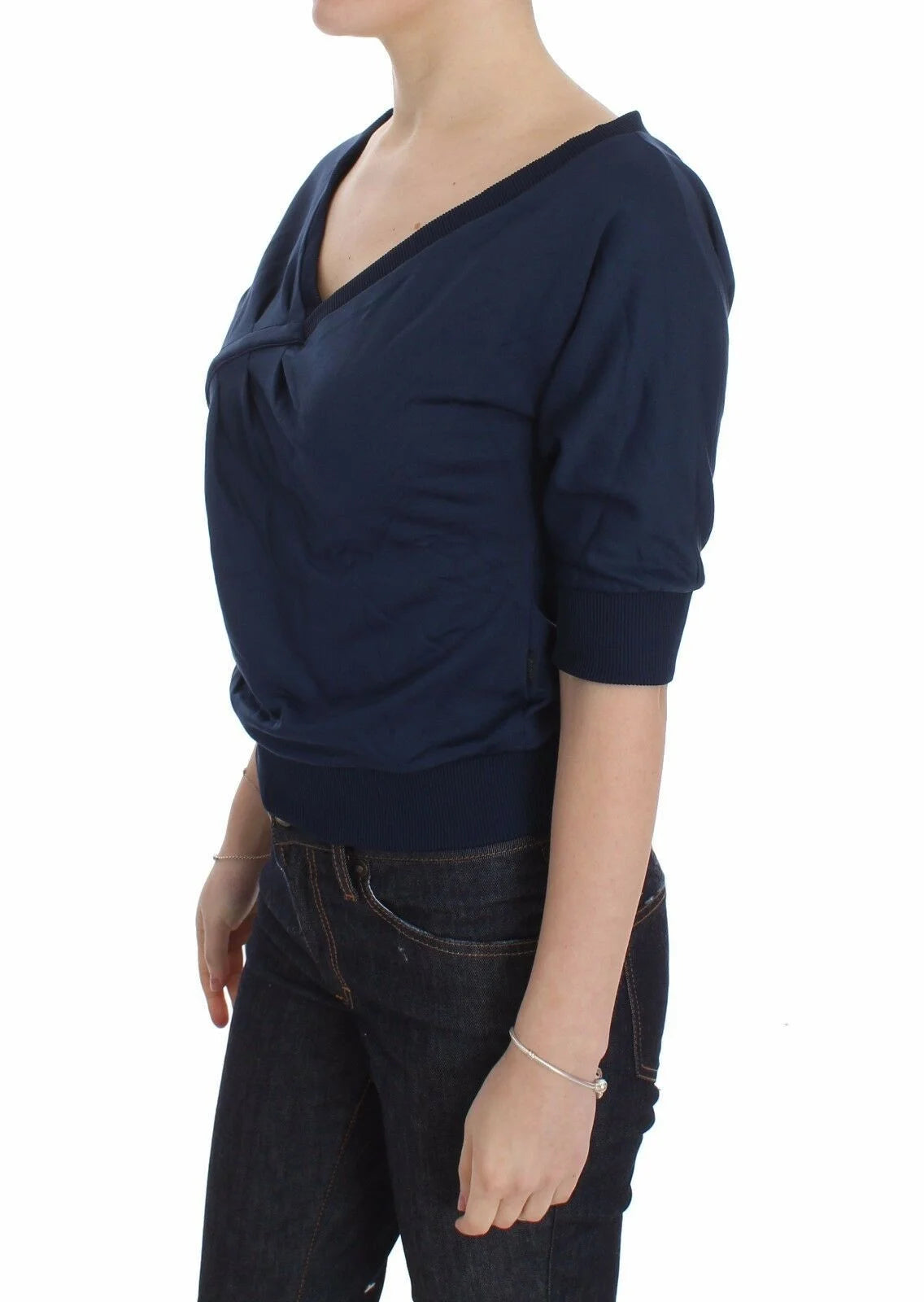 Exte Blue Cotton Top Pullover Deep V-neck Women Sweater - IT40|S