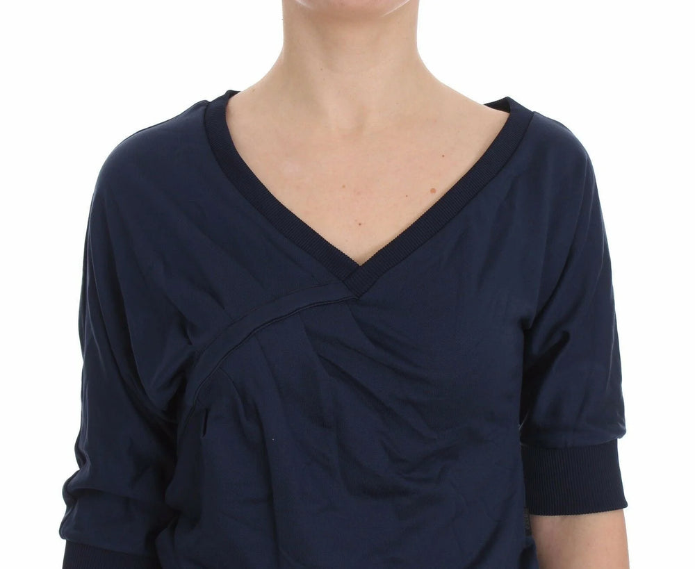 Exte Blue Cotton Top Pullover Deep V-neck Women Sweater - IT40|S - Sweaters