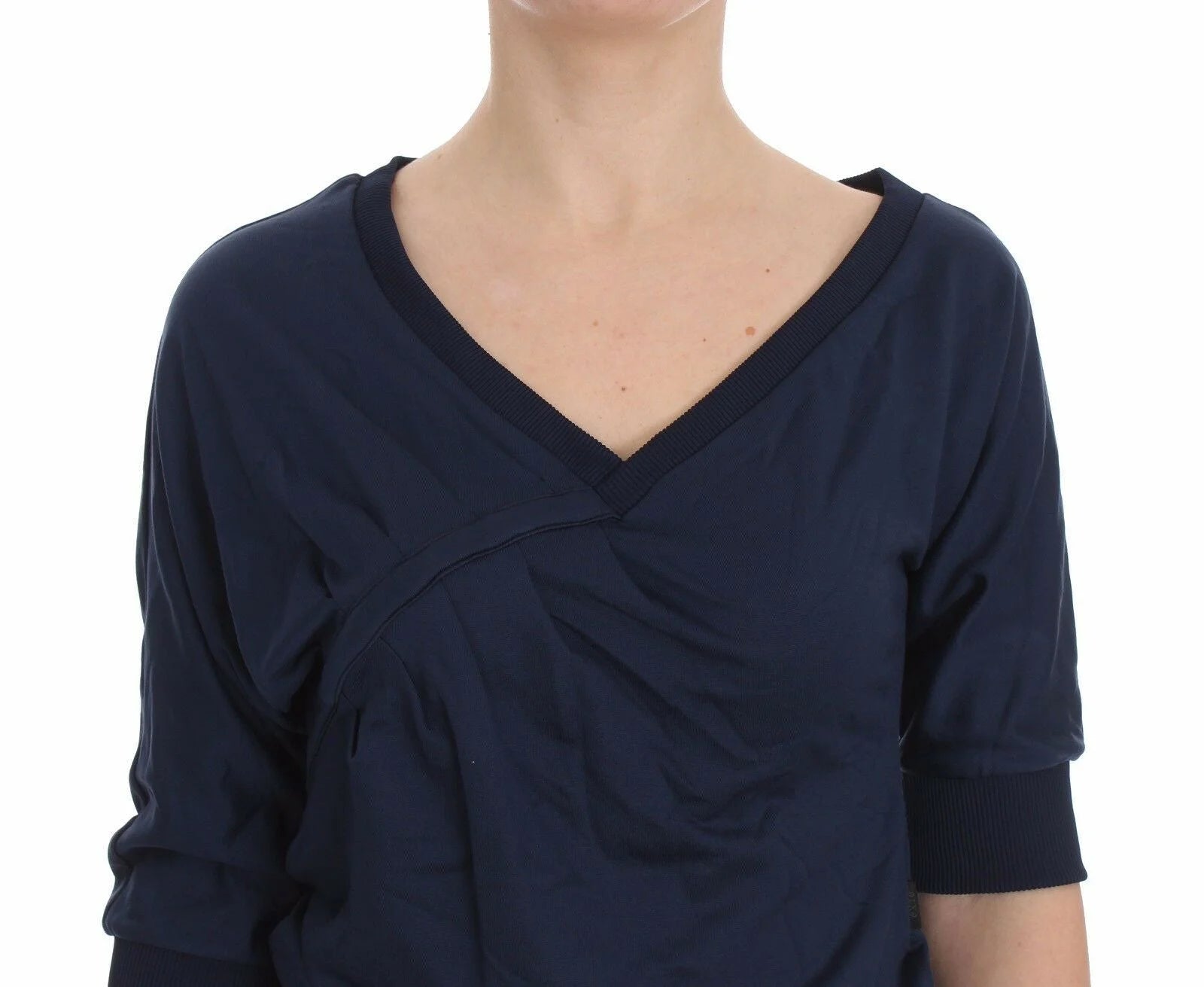 Exte Blue Cotton Top Pullover Deep V-neck Women Sweater - IT40|S