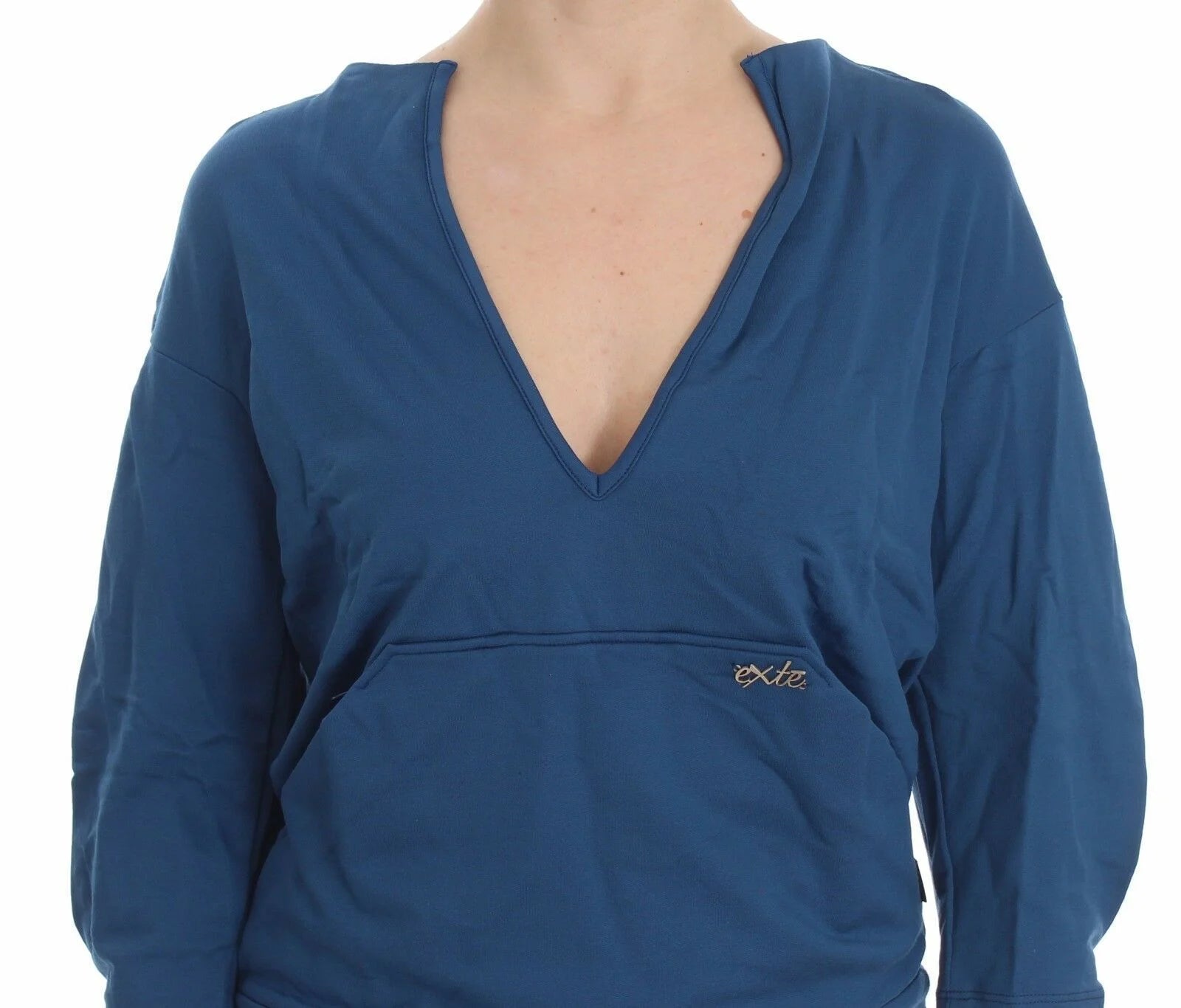 Exte Blue Cotton Top Pullover Deep V-neck Women Sweater - IT40|S - Sweaters