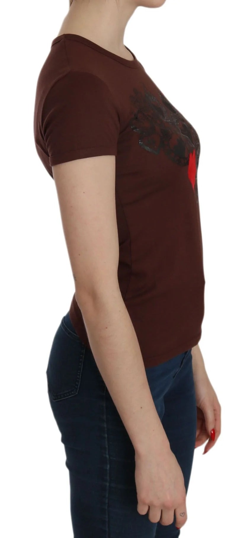 Exte Brown Heart Print Crew Neck T-shirt Short Sleeve Blouse - IT42|M - T-Shirts