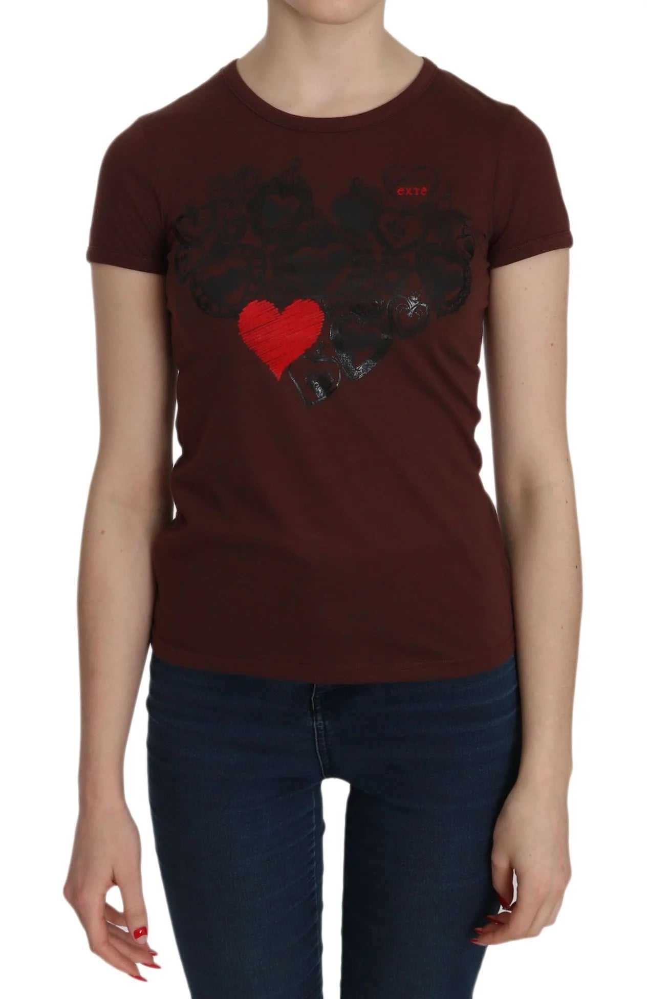 Exte Brown Heart Print Crew Neck T-shirt Short Sleeve Blouse - IT42|M - T-Shirts