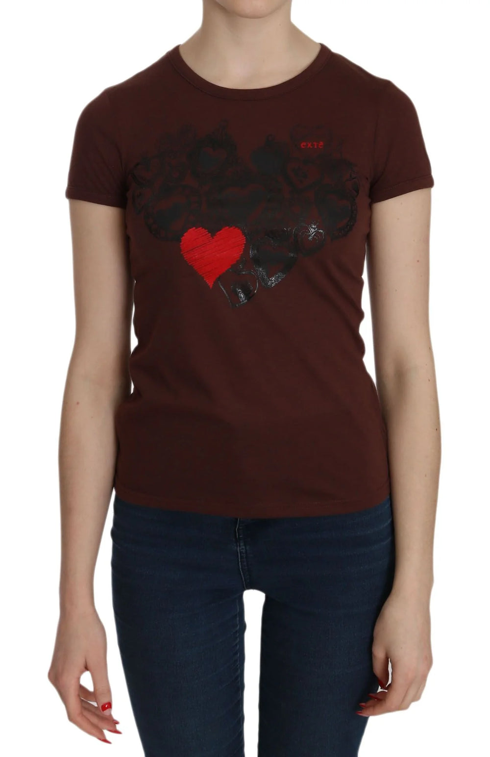 Exte Brown Heart Print Crew Neck T-shirt Short Sleeve Blouse - IT42|M - T-Shirts