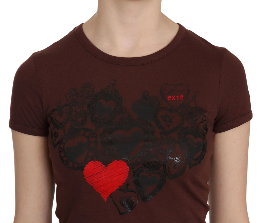 Exte Brown Heart Print Crew Neck T-shirt Short Sleeve Blouse - IT42|M - T-Shirts