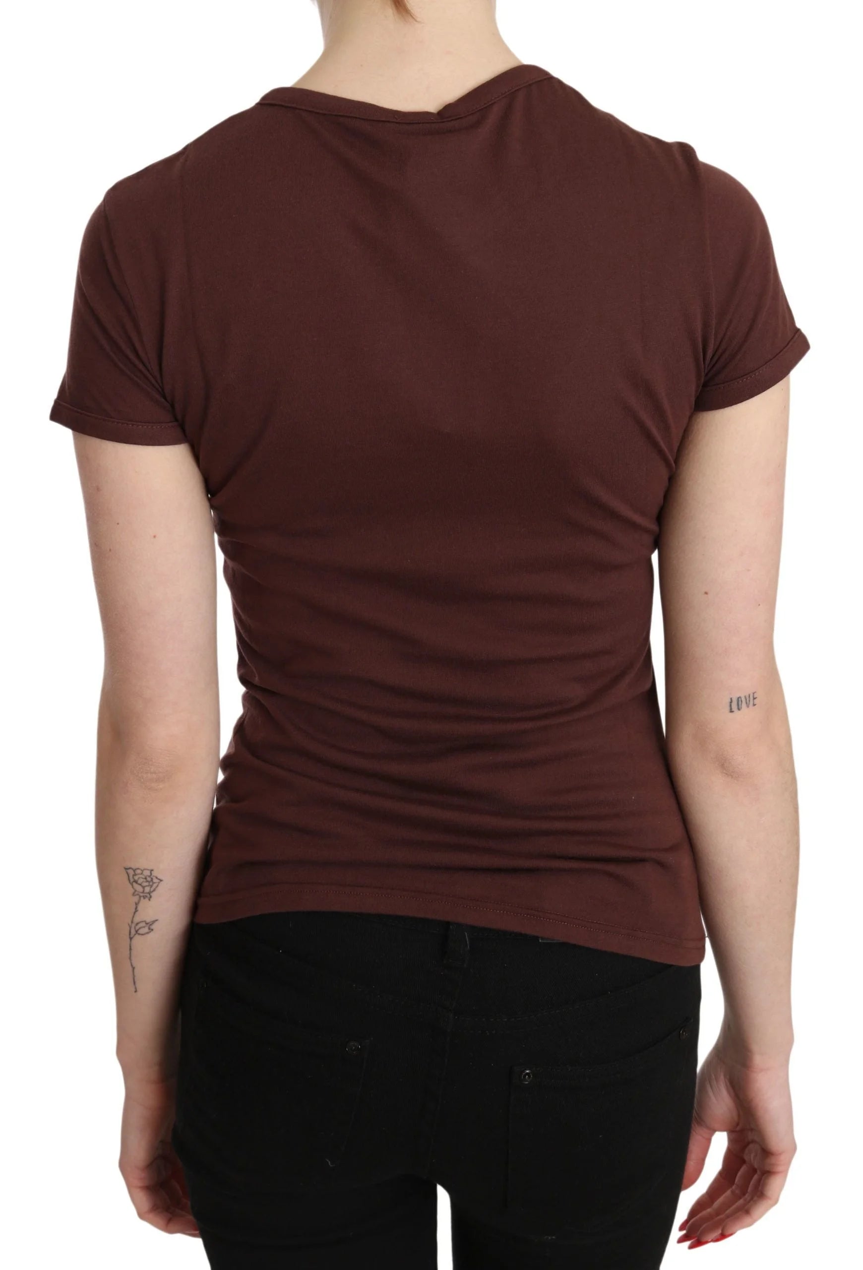 Exte Brown Hearts Printed Round Neck T-shirt Top - IT42|M - T-Shirts
