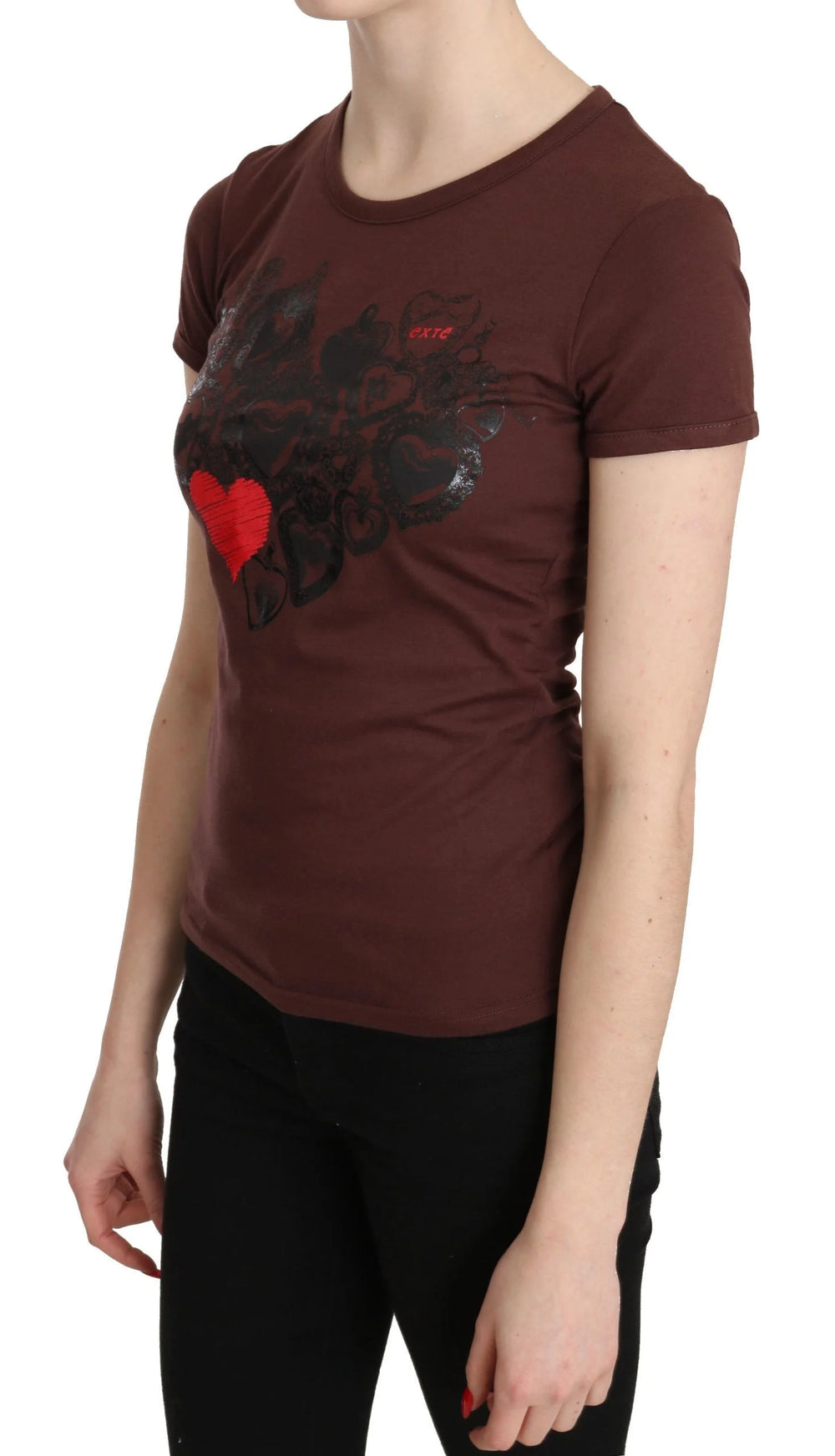 Exte Brown Hearts Printed Round Neck T-shirt Top - IT42|M - T-Shirts