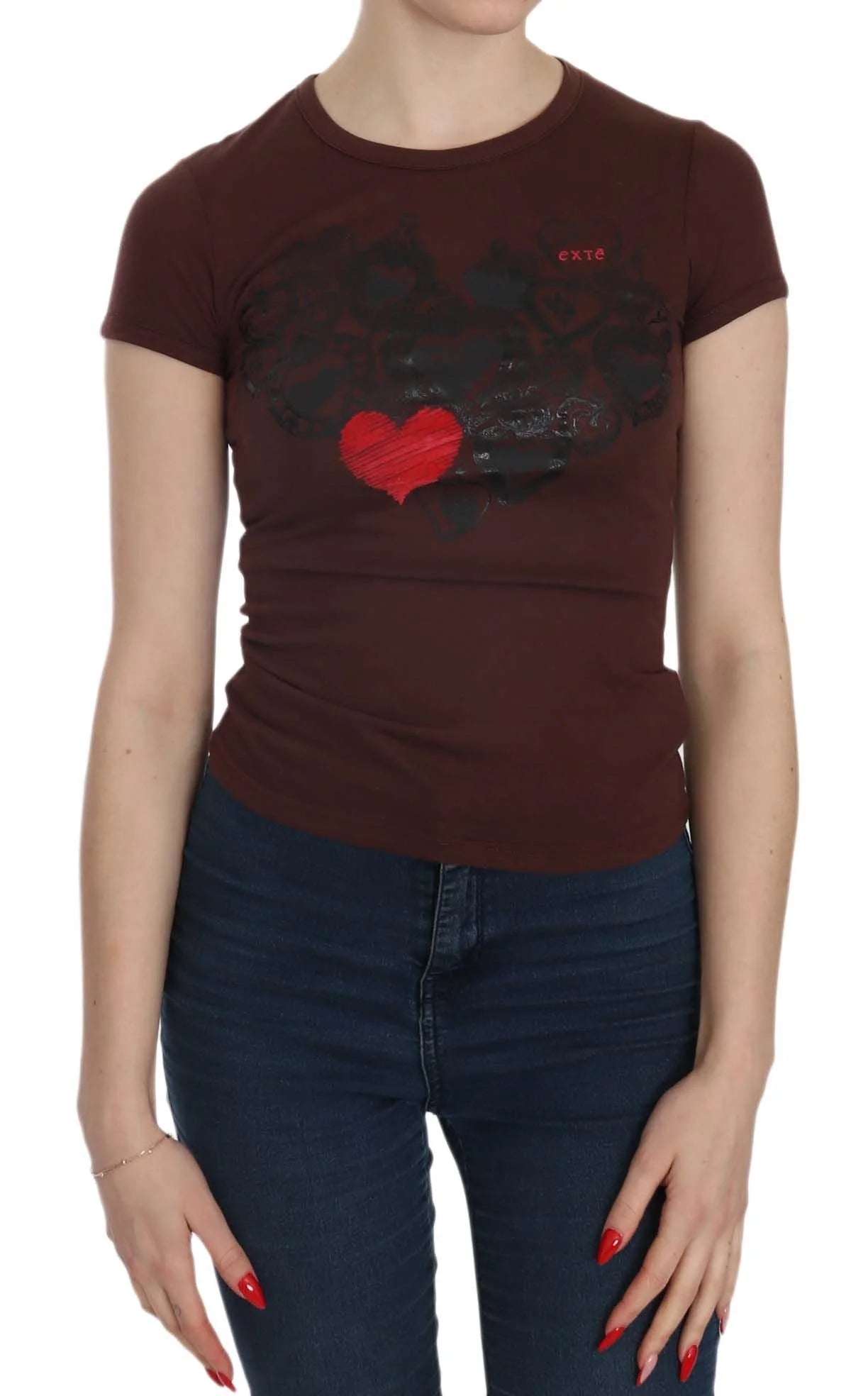Exte Brown Hearts Short Sleeve Casual T-shirt Top - T-Shirts