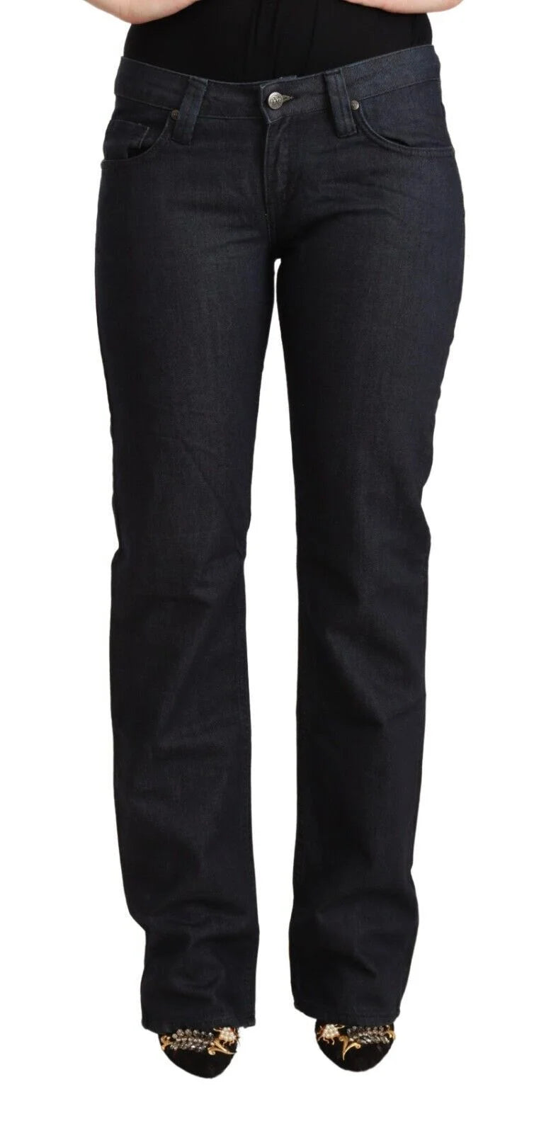 Exte Dark Blue Cotton Stretch Low Waist Straight Denim Jeans - Jeans