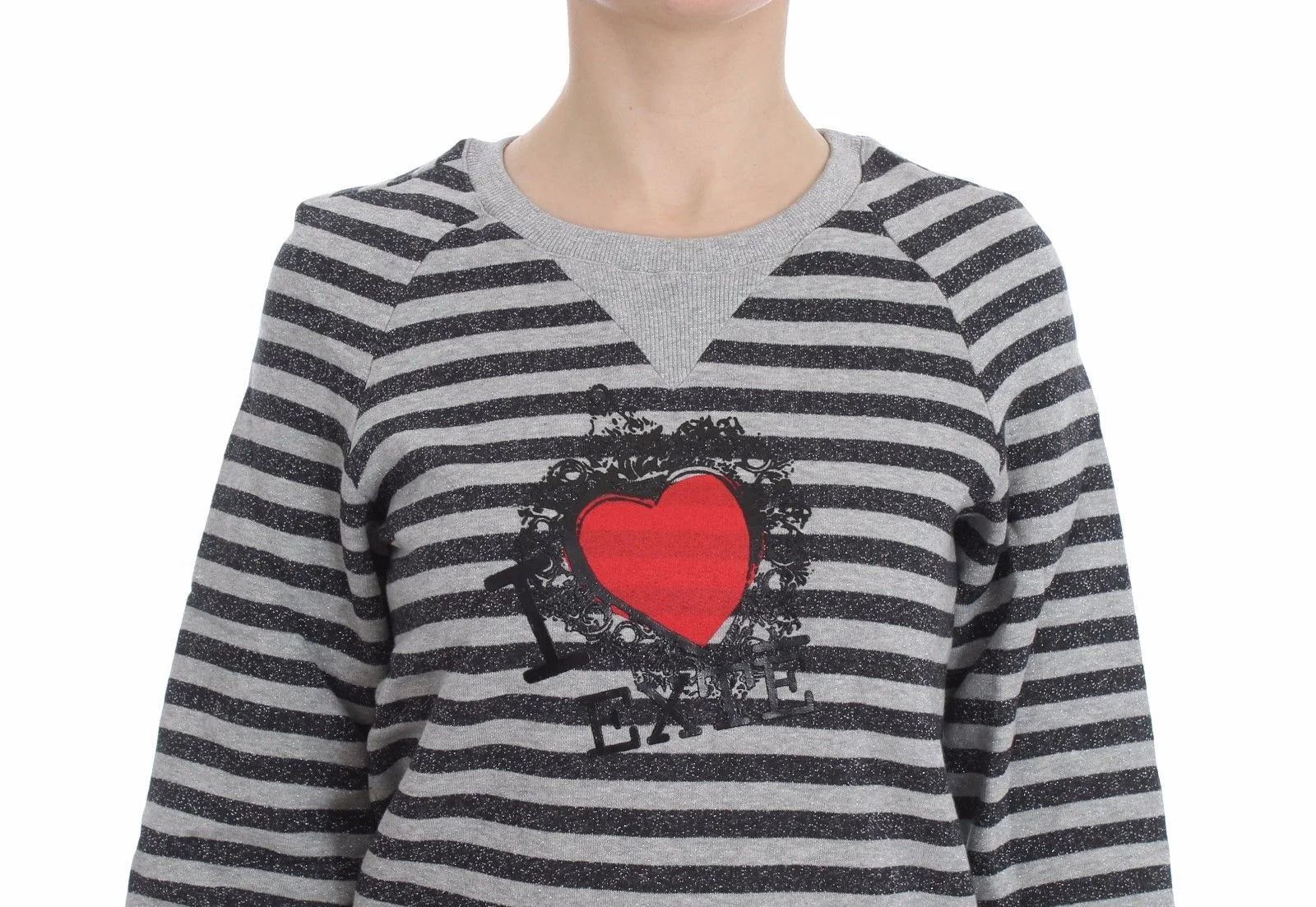 Exte Gray Striped Cotton Crewneck Sweater - Sweaters