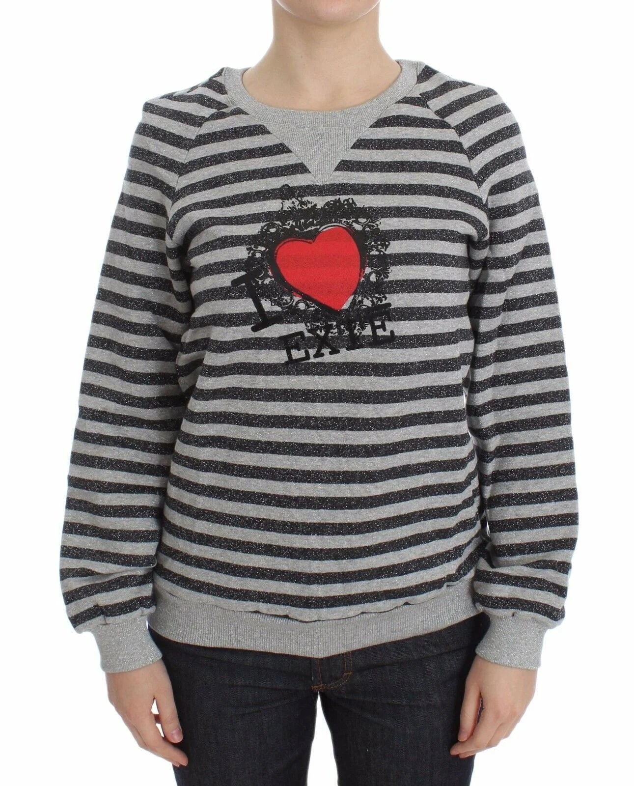 Exte Gray Striped Cotton Crewneck Sweater - Sweaters