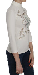 Exte White Printed Turtle Neck 3/4 Sleeve Top Cotton Blouse - Blouses