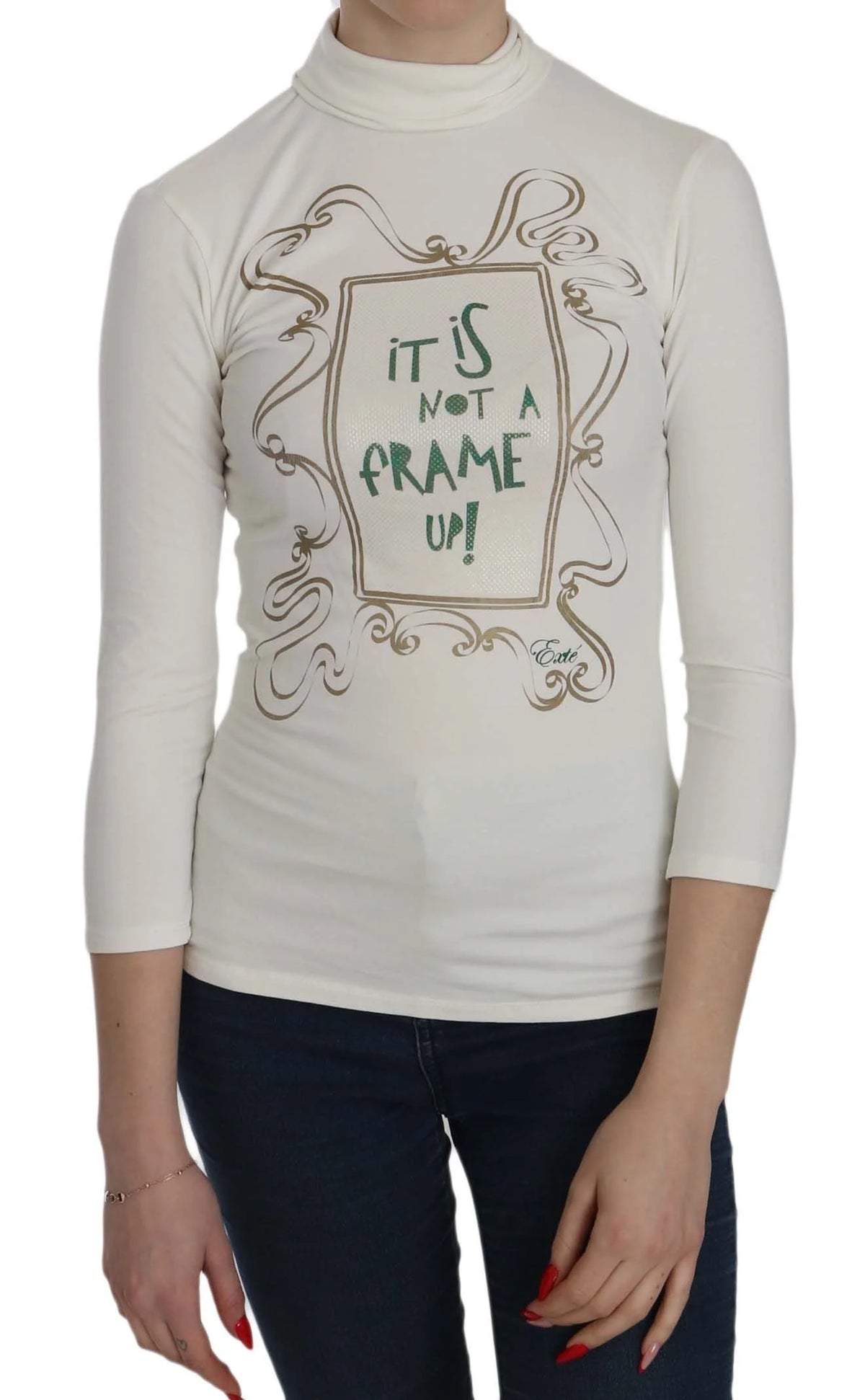 Exte White Printed Turtle Neck 3/4 Sleeve Top Cotton Blouse - Blouses