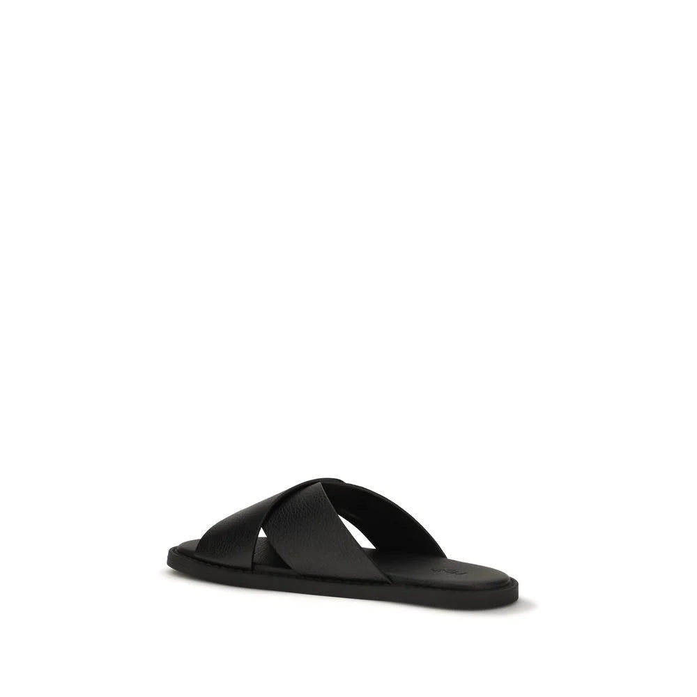 Fendi Black Calf Leather Bos Taurus Flat Sandals