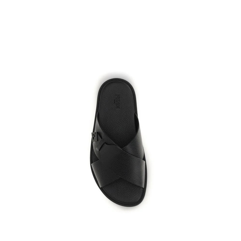 Fendi Black Calf Leather Bos Taurus Flat Sandals - EU41/US8