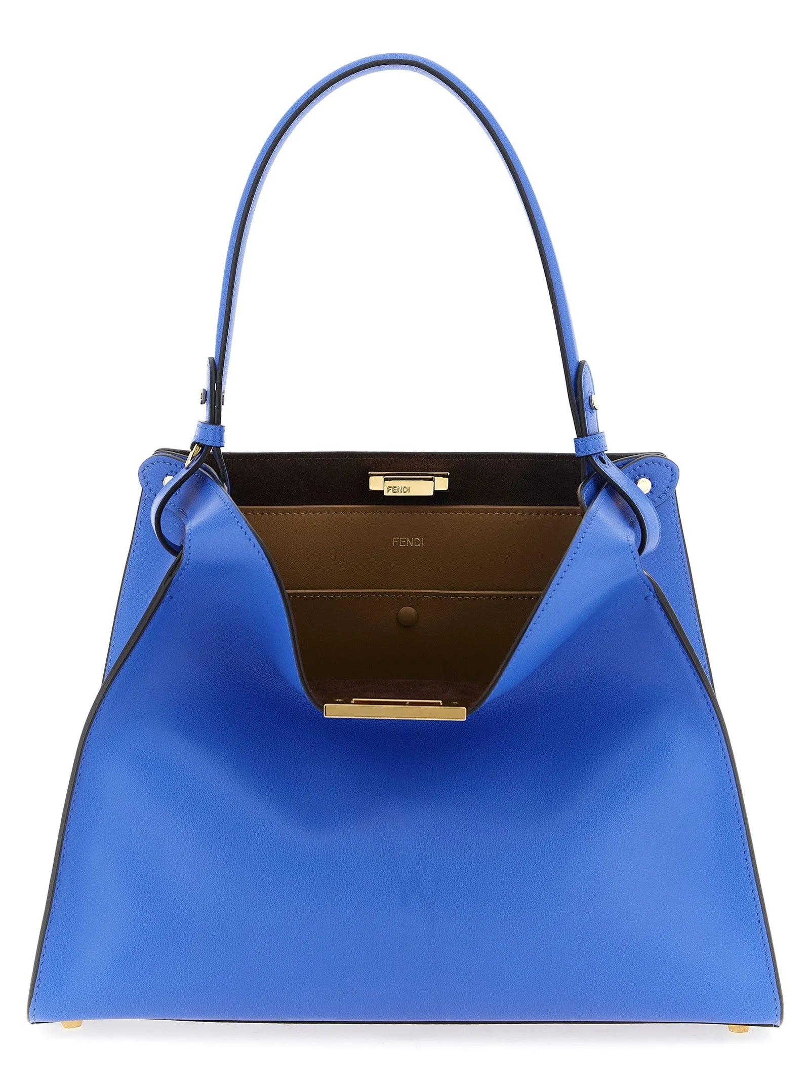 Frontansicht einer Fendi blauen Kalbshide Handtasche mit einer strukturierten Silhouette und einem eleganten Henkel.
