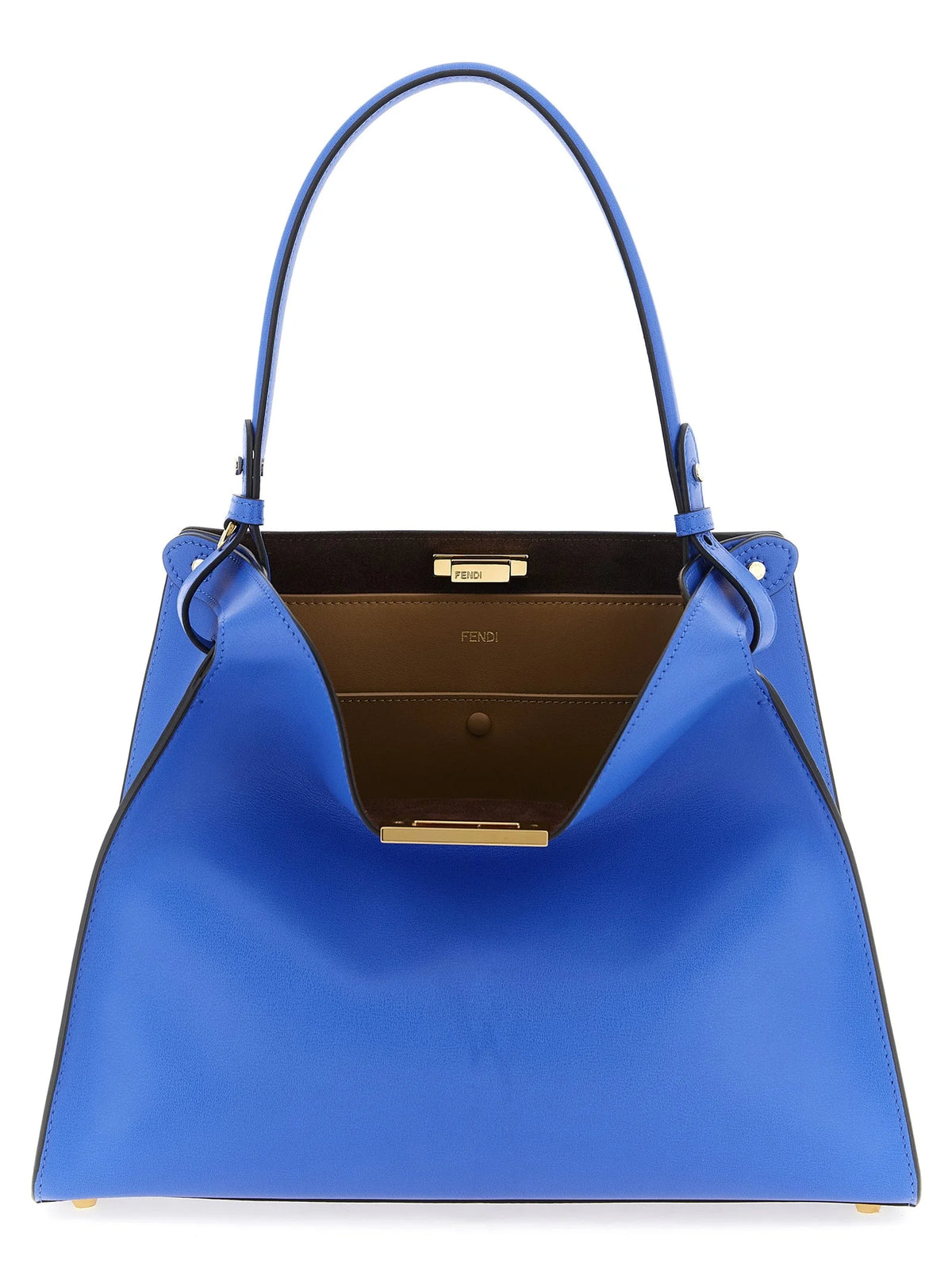 Frontansicht einer Fendi blauen Kalbshide Handtasche mit einer strukturierten Silhouette und einem eleganten Henkel.