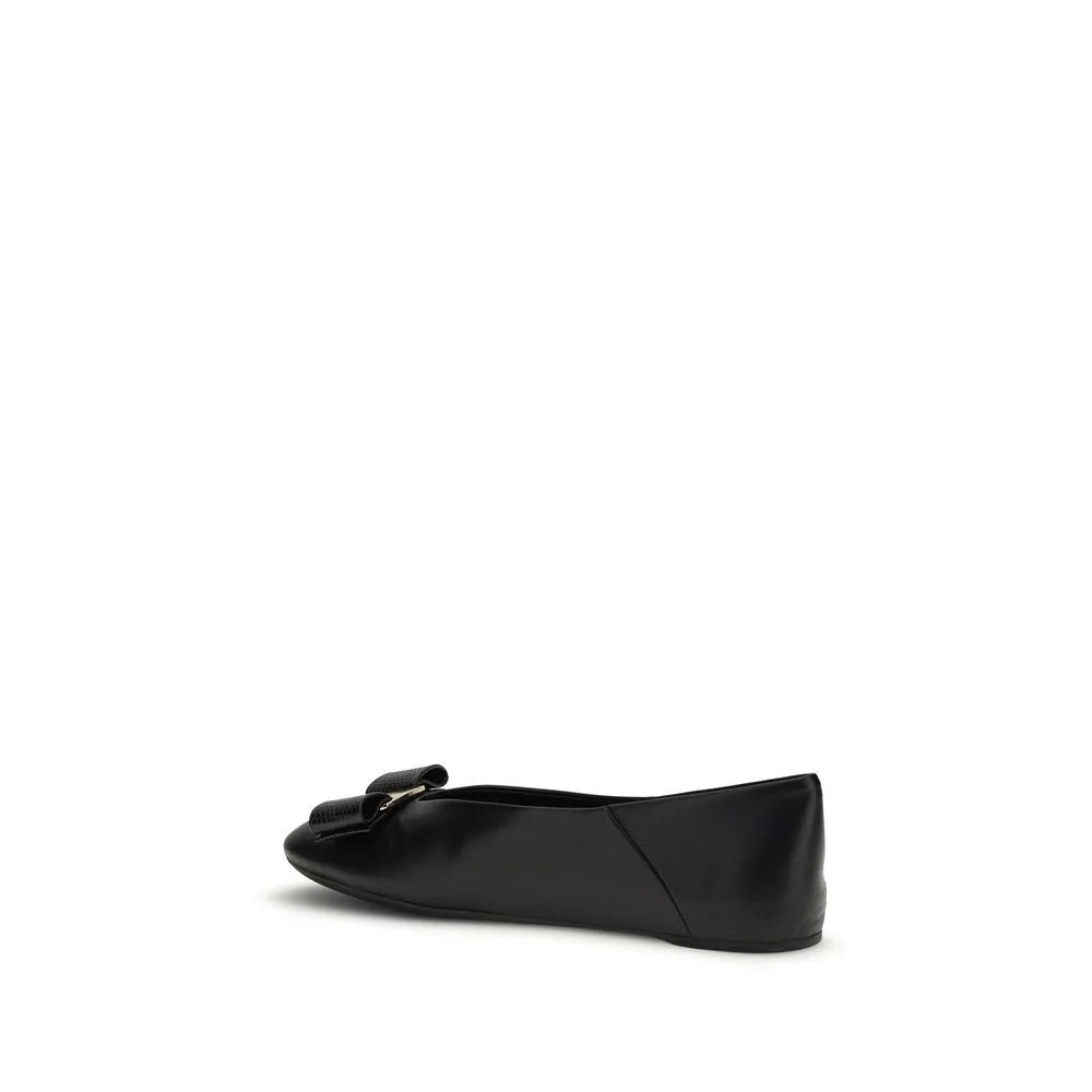 Ferragamo Black Calf Leather Bos Taurus Ballet Flats