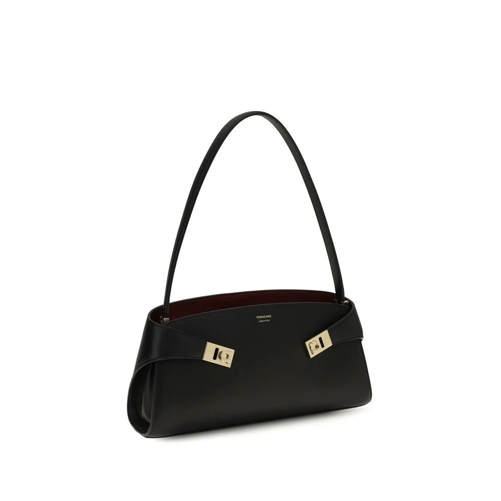 Ferragamo Black Calf Leather Bos Taurus Shoulder Bag