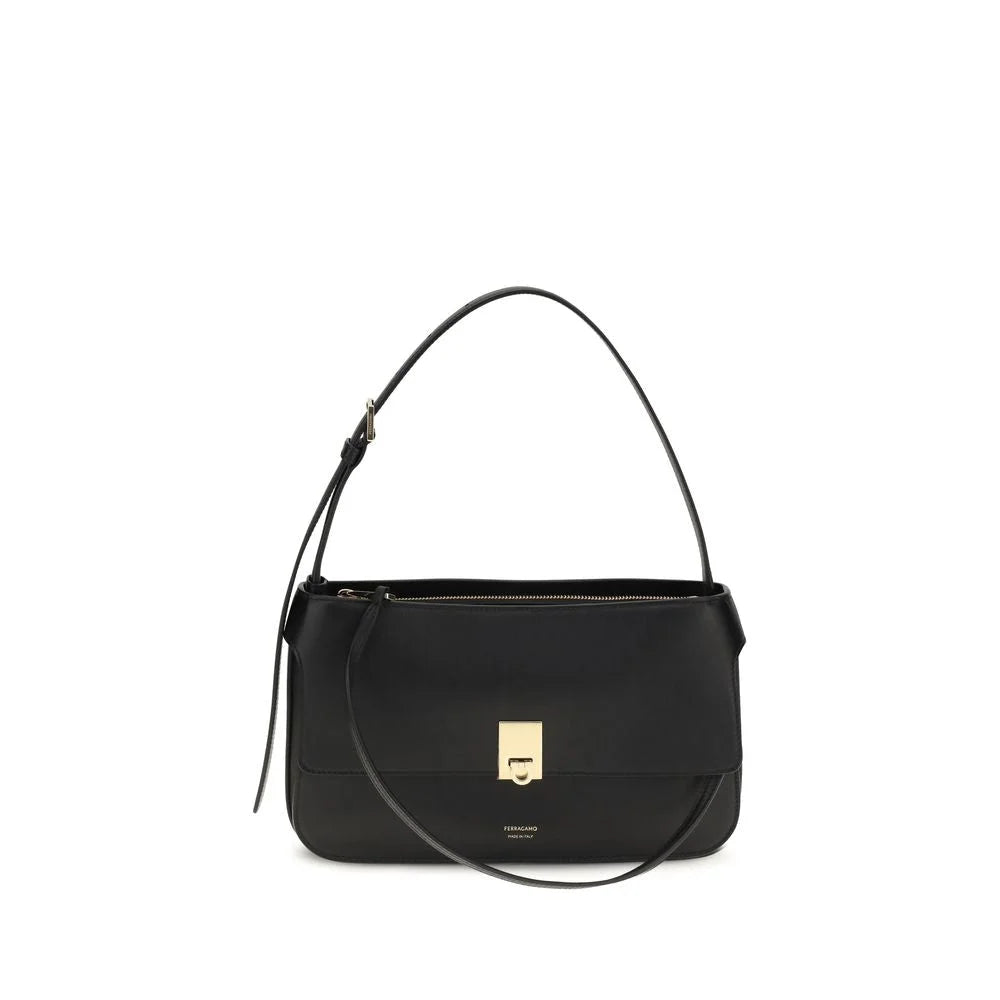Ferragamo Black Calf Leather Bos Taurus Shoulder Bag