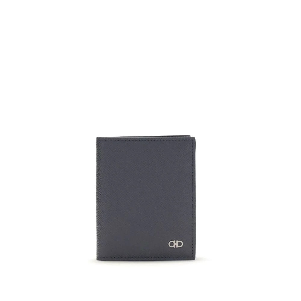 Ferragamo men's bifold wallet in deep blue Bos Taurus calf leather featuring a minimalist front design.