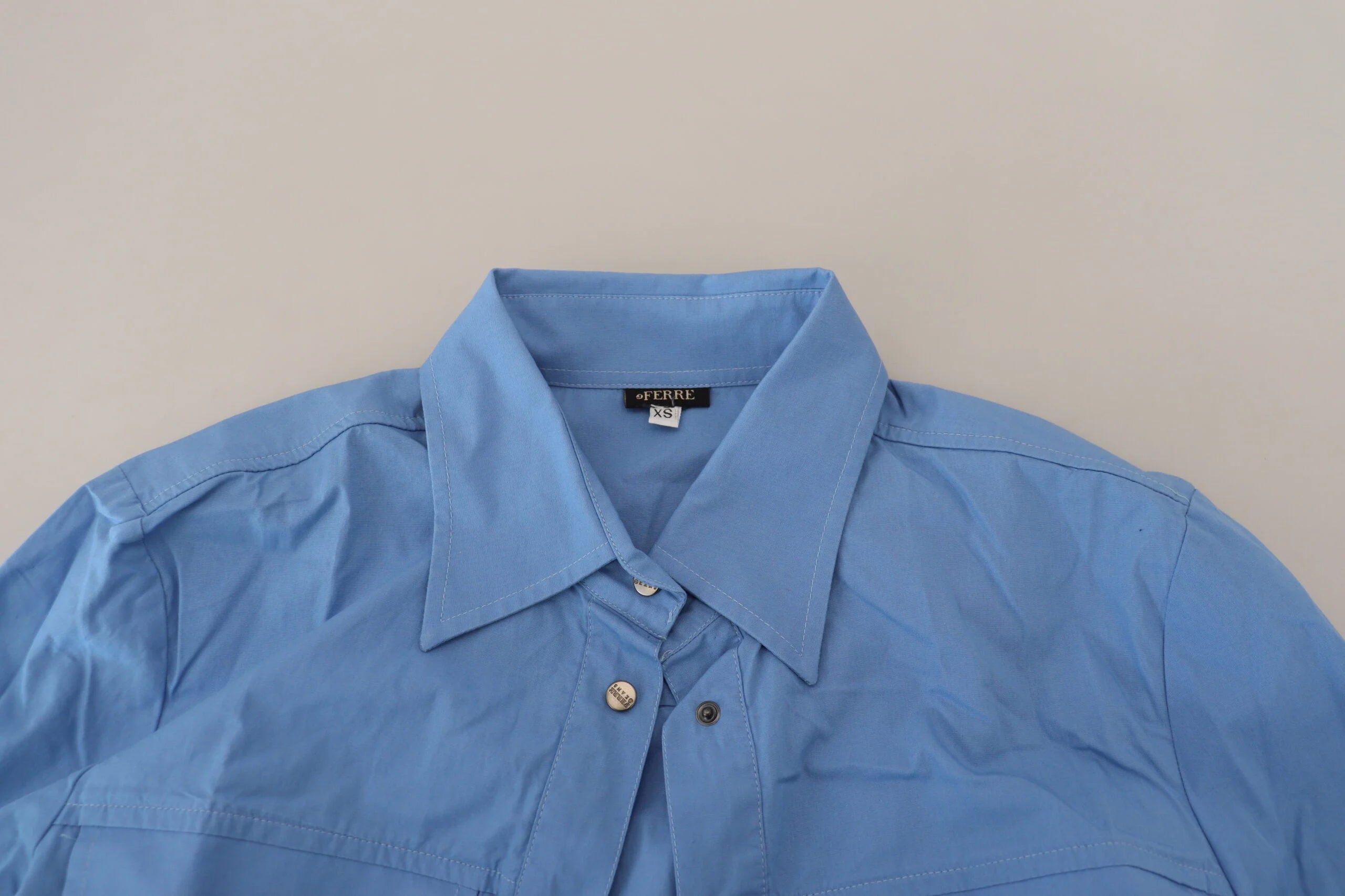 Ferre Blue Cotton Long Sleeves Collared Button Down Top - IT38|XS - Shirts