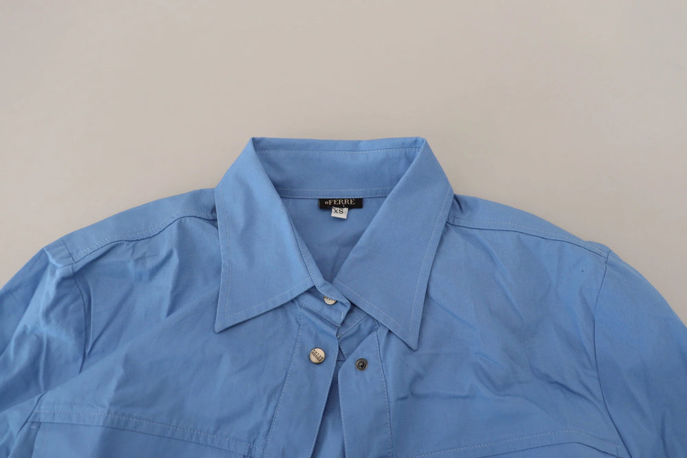 Ferre Blue Cotton Long Sleeves Collared Button Down Top - IT38|XS - Shirts