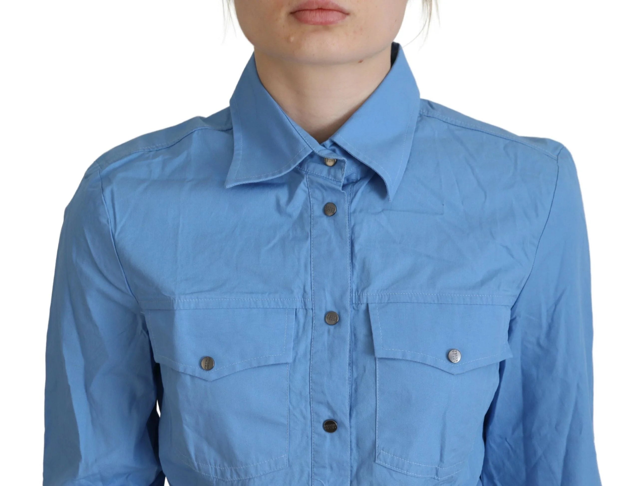 Ferre Blue Cotton Long Sleeves Collared Button Down Top - IT38|XS - Shirts