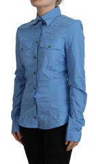 Ferre Blue Cotton Long Sleeves Collared Button Down Top - IT38|XS - Shirts