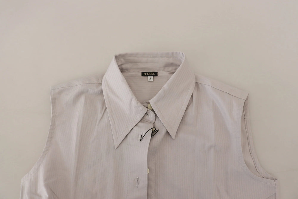 Ferre Light Gray Stripes Cotton Sleeveless Collared Top - IT40|S - Shirts