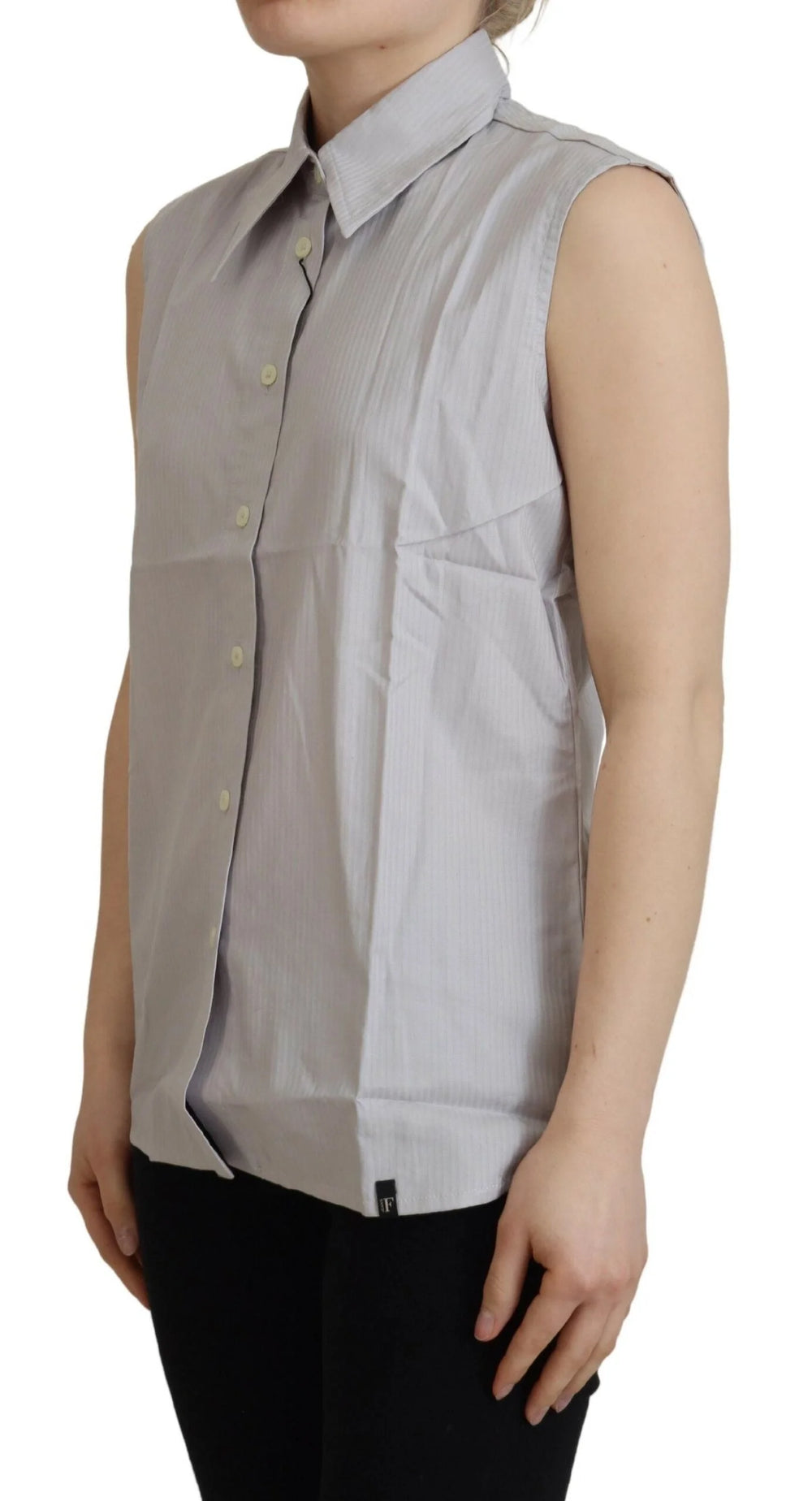 Ferre Light Gray Stripes Cotton Sleeveless Collared Top - IT40|S - Shirts