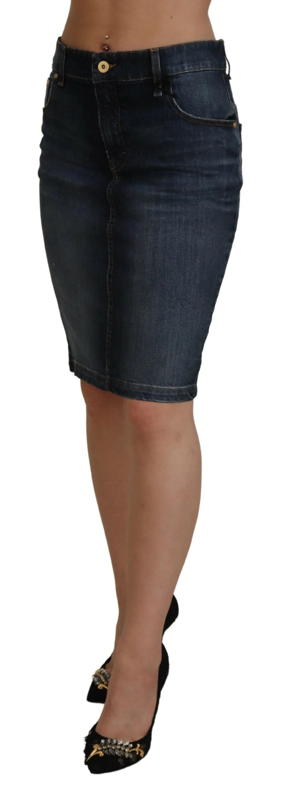 Fiorucci Dark Blue Washed Mid Waist Pencil Cut Denim Skirt - IT40|S - Skirts