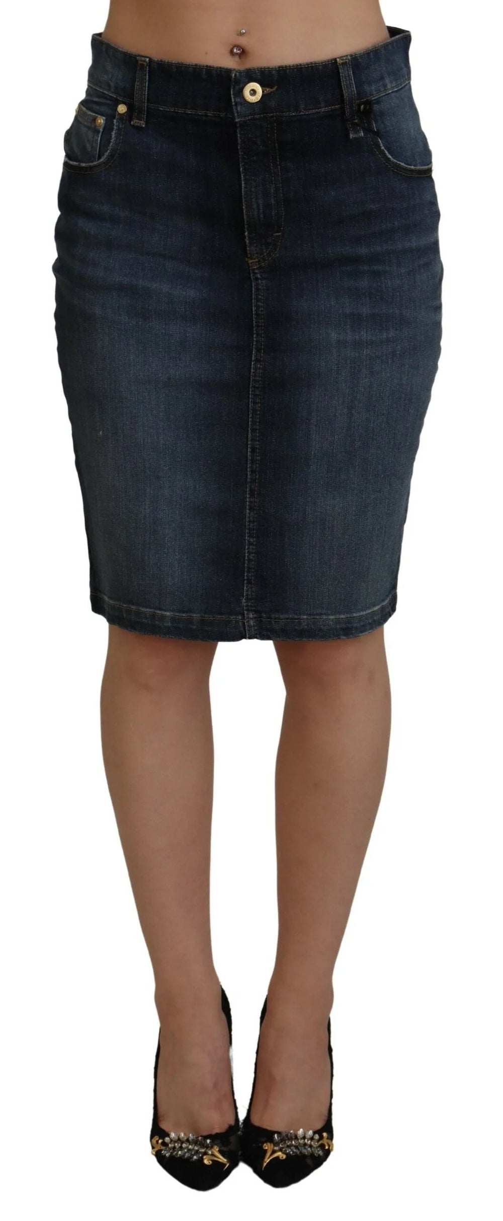 Fiorucci Dark Blue Washed Mid Waist Pencil Cut Denim Skirt - IT40|S - Skirts