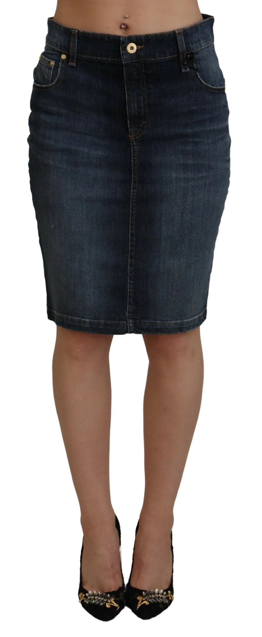Fiorucci Dark Blue Washed Mid Waist Pencil Cut Denim Skirt - IT40|S - Skirts