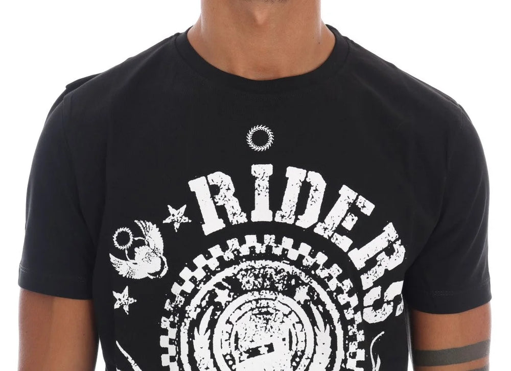 Frankie Morello Black Cotton RIDERS Crewneck T-Shirt - S - T-Shirts