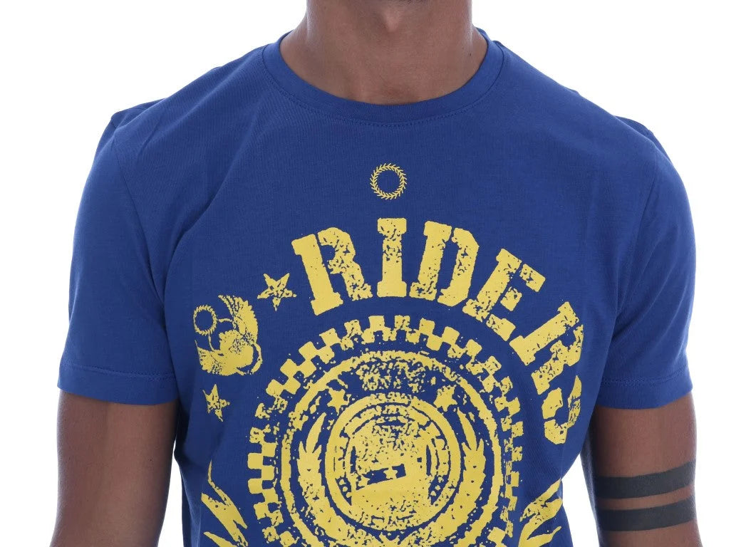 Frankie Morello Blue Cotton RIDERS Crewneck T-Shirt - T-Shirts