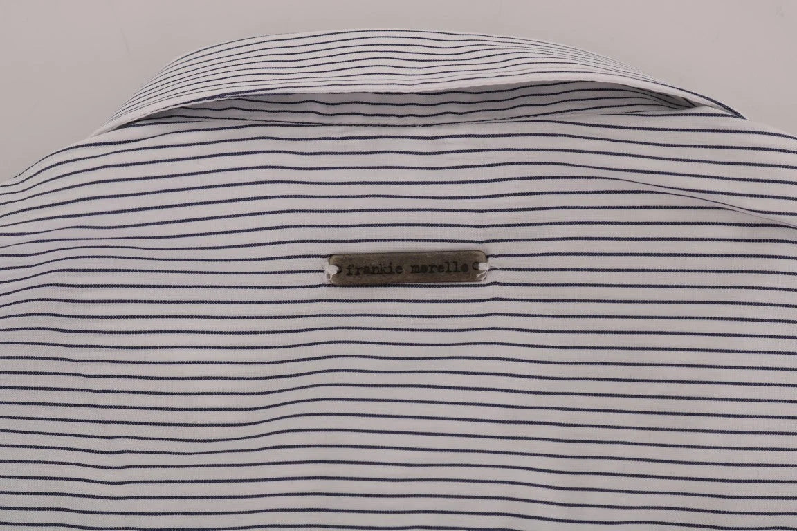 Frankie Morello White Blue Striped Casual Cotton Regular Fit Shirt - Shirts