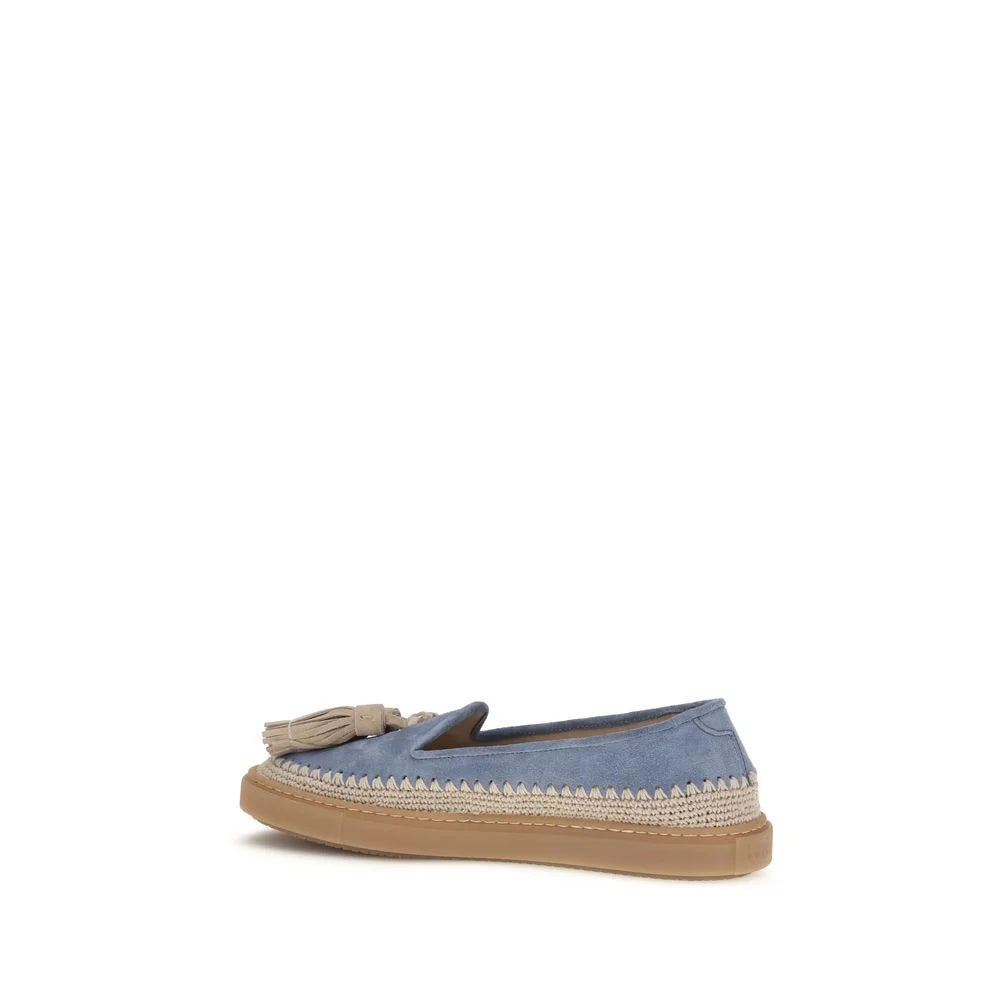 Achterkant van de Fratelli Rossetti slip-on loafers in blauw kalfsleer, toont de gestructureerde hiel en gladde afwerking.