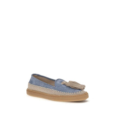 Zijaanzicht van Fratelli Rossetti blauwe leren loafers, toont de elegante, laag profiel zool en het precieze tonale stiksel.