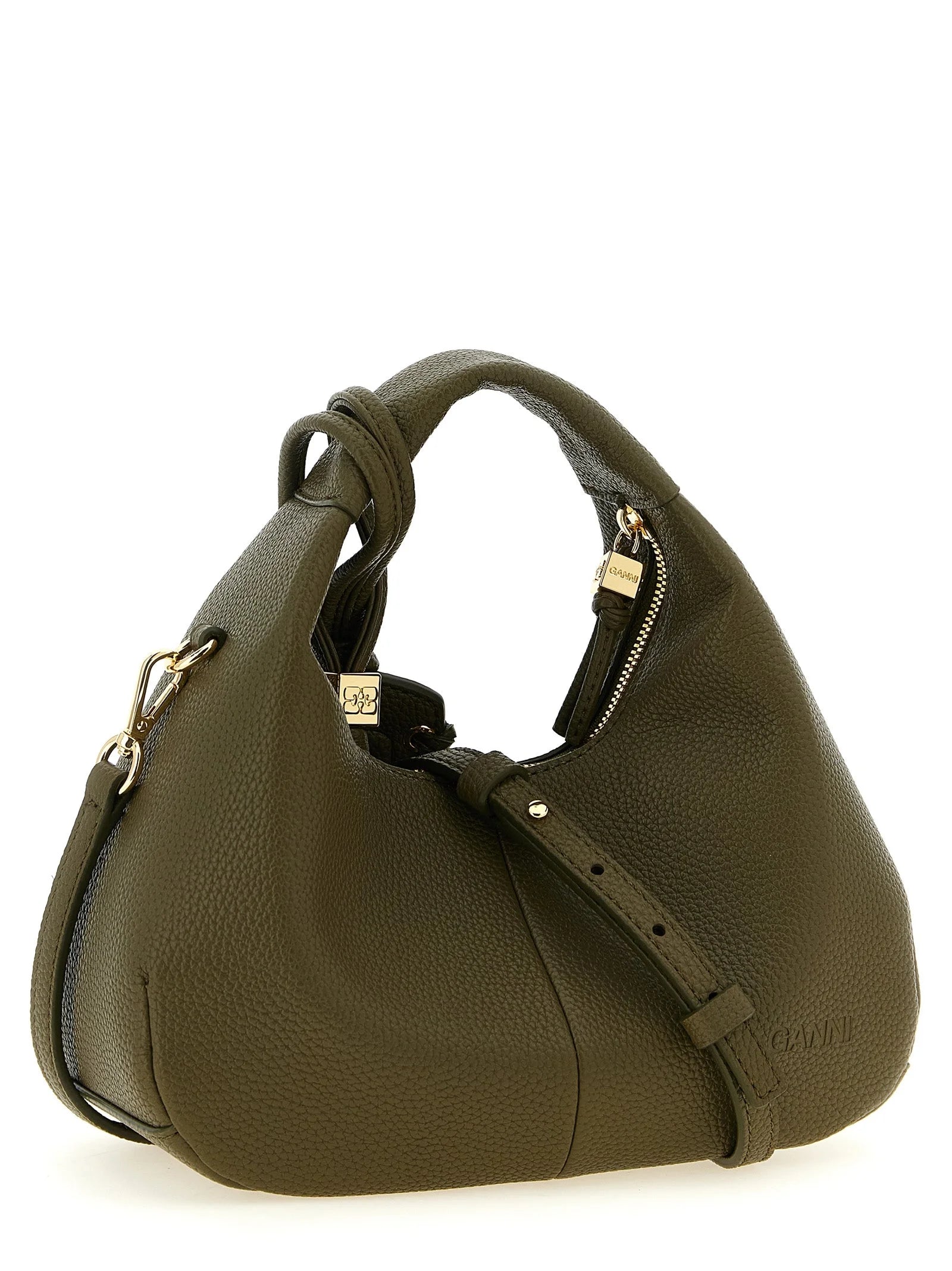 Perfil lateral da bolsa de mão Ganni bicolor, mostrando a forma arquitetónica e o acabamento durável em poliéster reciclado.