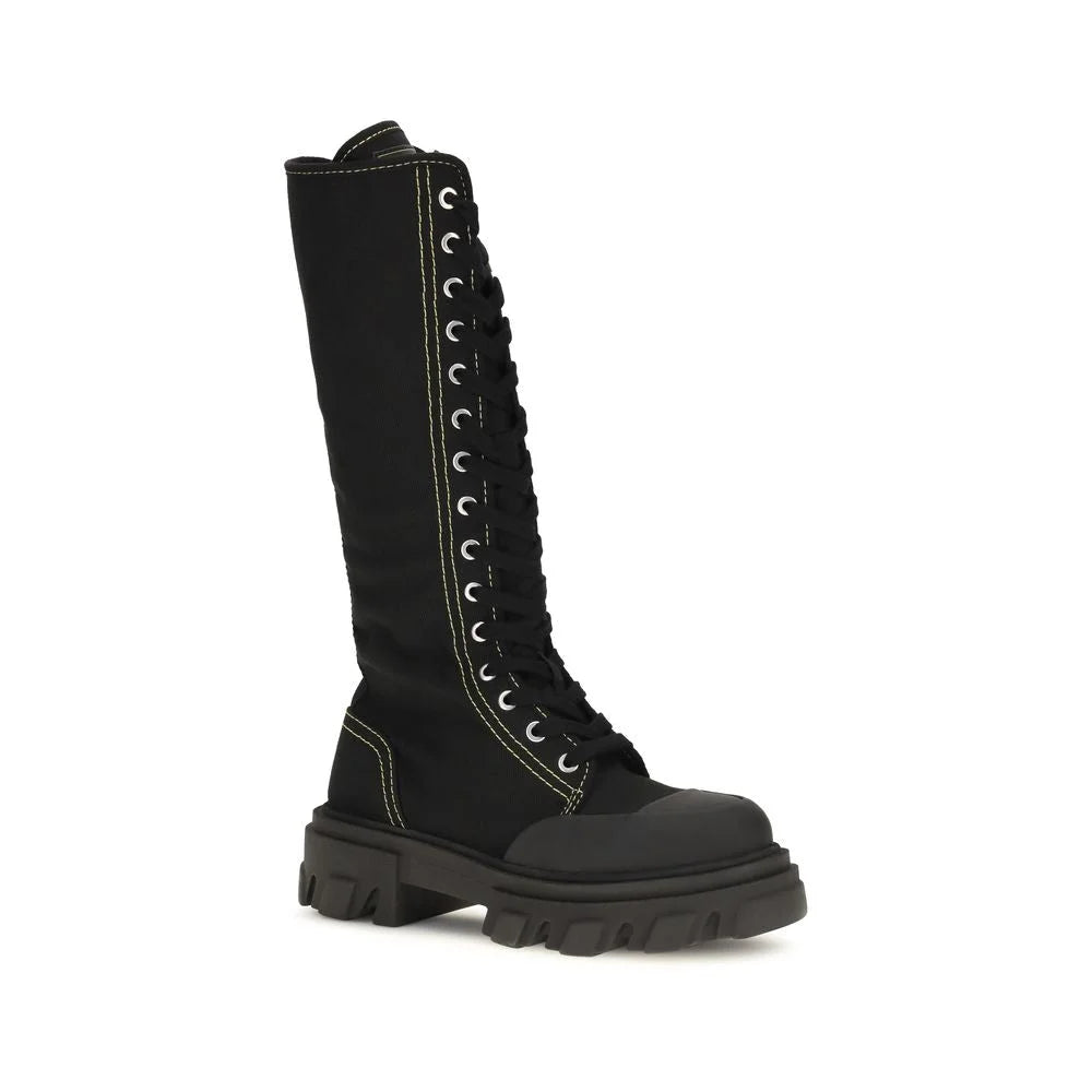 Ganni Black Cotton Lace-Up Boots
