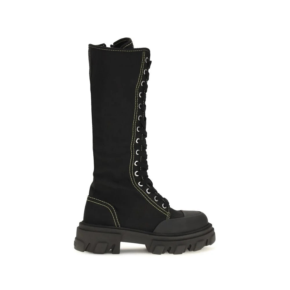 Ganni Black Cotton Lace-Up Boots