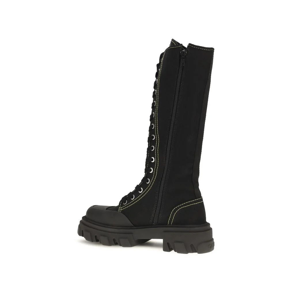 Ganni Black Cotton Lace-Up Boots