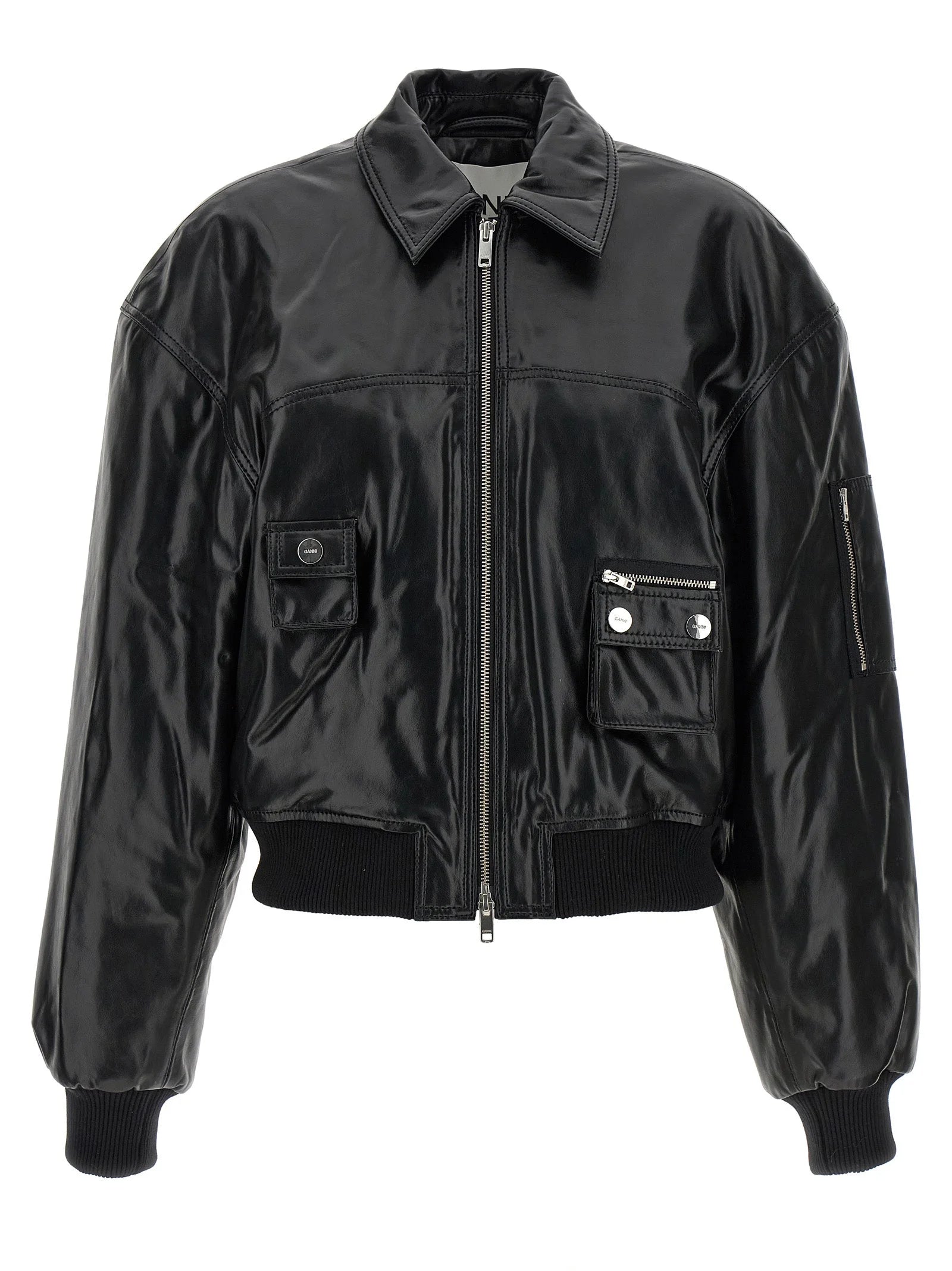 Ganni Black Leather Bomber - 36