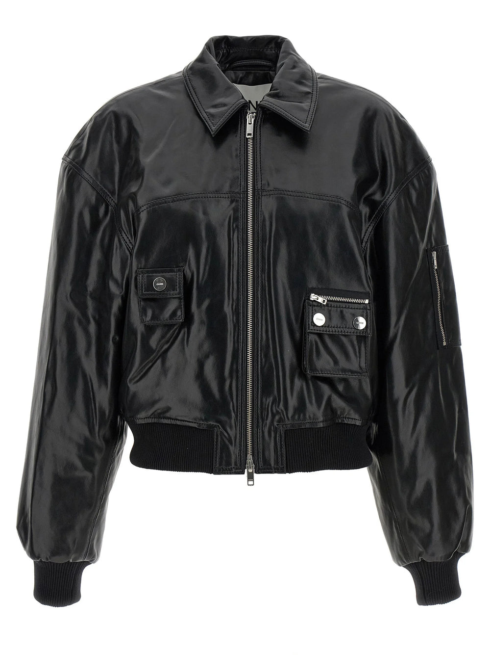 Ganni Black Leather Bomber - 36