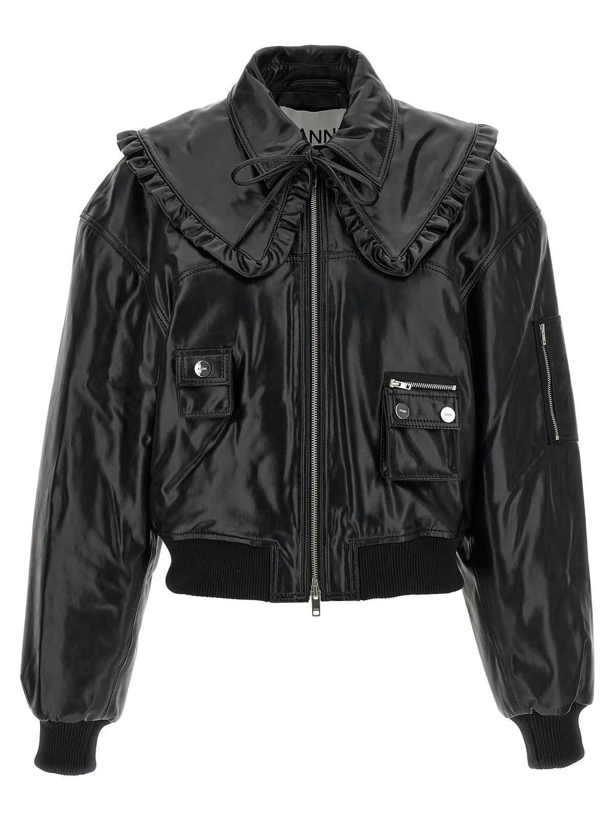Ganni Black Leather Bomber - 36