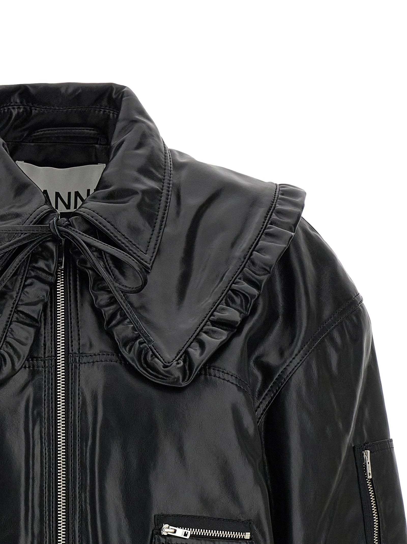 Ganni Black Leather Bomber - 36