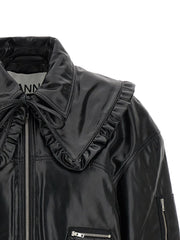 Ganni Black Leather Bomber - 36